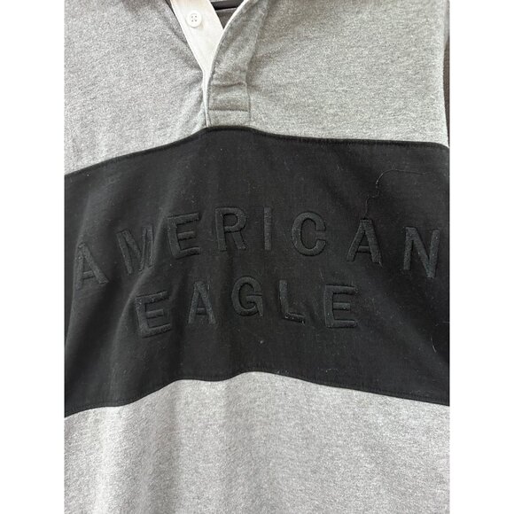 π 2/$20 πAmerican Eagle Gray and Black Block Stripe Long Sleeve Logo Polo sz M - Picture 2 of 7